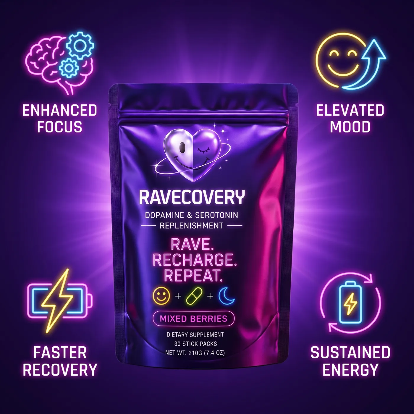Ravecovery benefits — enhanced focus, elevated mood, faster recovery, sustained energy