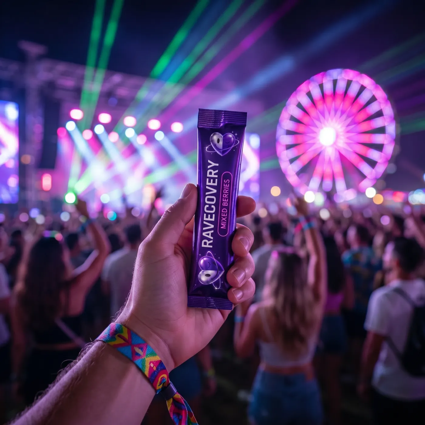 Ravecovery at a festival — stick pack in hand under the lights