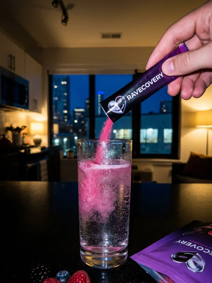 Jordan pouring Ravecovery mixed berries into sparkling water