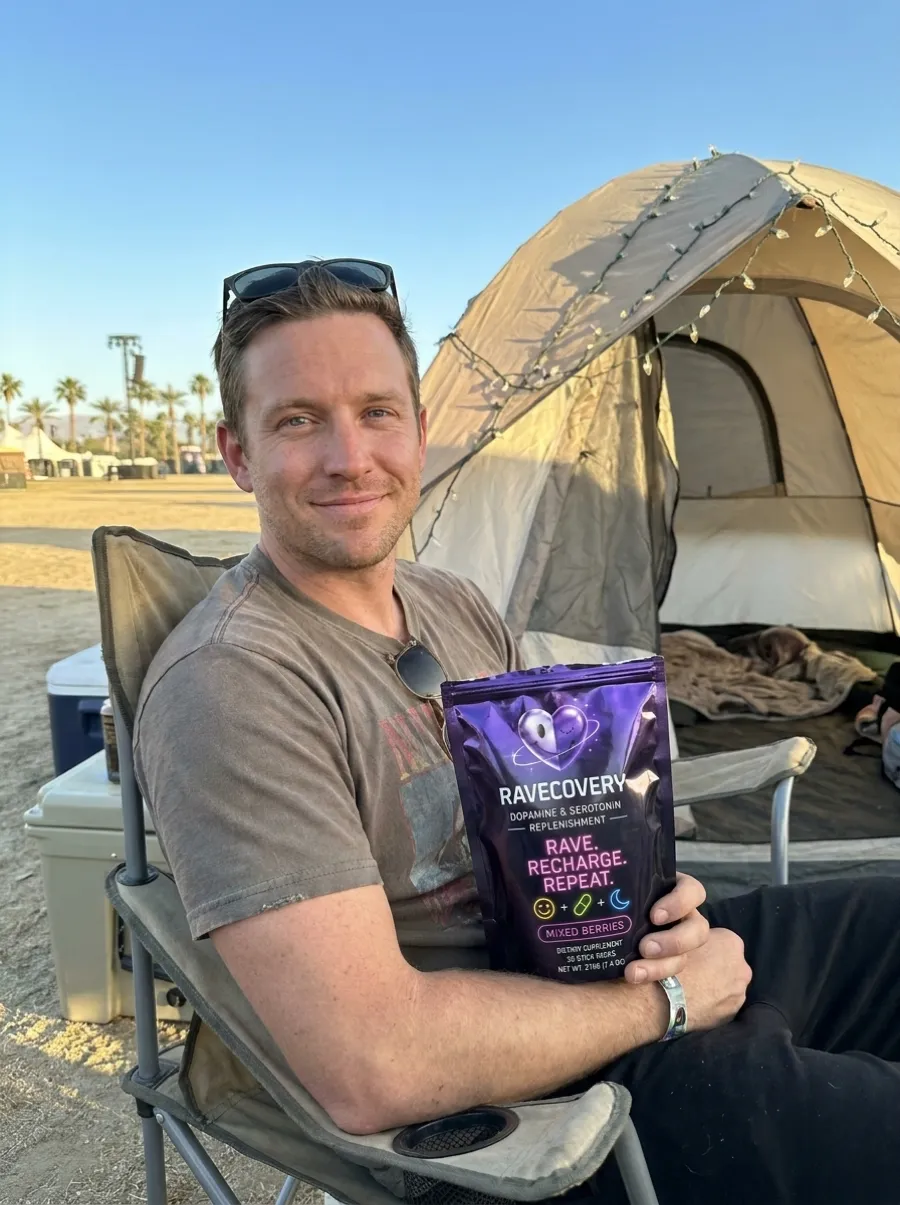 Sam at a Coachella campsite holding Ravecovery